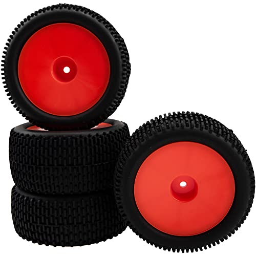 OD 88mm/3.46" Rubber Tire Front Rear Tyre & Plastic Wheel Rims 12mm Hex Hub Compatible with Redcat Tornado Shockwave HPI HSP Kyosho Losi 1/10 Scale Off Road Buggy (Red) - color: Red