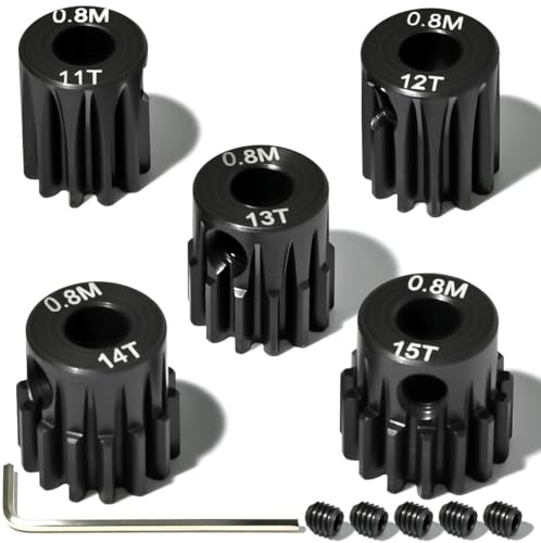 5Pcs 0.8M Hardened Steel Pinion Gear Set 5mm Shaft 11T 12T 13T 14T 15T Motor Pinion Gear with M4 Screw and Hex Key, for Arrma HPI Kyosho Losi Axial Traxxas Tamiya 1/10 RC Car and 540/550 Motors - size: 0.8M-5mm-11-15T