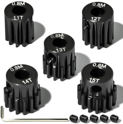 5Pcs 0.8M Hardened Steel Pinion Gear Set 5mm Shaft 11T 12T 13T 14T 15T Motor Pinion Gear with M4 Screw and Hex Key, for Arrma HPI Kyosho Losi Axial Traxxas Tamiya 1/10 RC Car and 540/550 Motors - size: 0.8M-5mm-11-15T