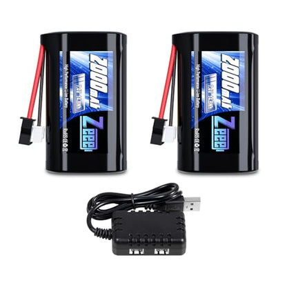 Zeee 2S Li-ion Battery 2000mAh 7.4V Battery SM 2P Connector (2 Pack) | with 7.4V Battery Charger Compatible with MN D90/91, MN 99/99s RC Cars, H101 H103 H105 RC Boat RC Truck