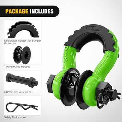 Nilight 3/4" D-Ring Shackle with Snatch Block, Heavy Duty Recovery Set | 9,500 lbs WLL Winch Pulley, Fits Synthetic Rope & Steel Cable, Truck Jeep ATV UTV, 2Pcs Kit Green - color: Green 3/4" w/Towing Pulley 2 Pack, size: Shackle