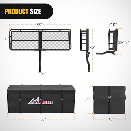 Nilight 60" x 20"x 7.87" Folding Carrier Fits 2-Inch Receiver 500 Lbs Capacity Bag Net Ratchet Straps Lock Stabilizer for SUV Pickup RV Van - style: 20"Basket w/Bag,Net,Straps,Stabilizer,Lock