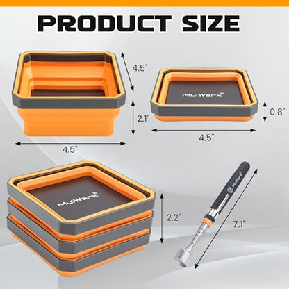 MULWARK 3Pcs Collapsible Magnetic Tray with 15Lb Magnetic Pickup Tool, Silicone Magnetic Parts Tray for Organizing Screw Bolts Nuts Washers Pins Repair Tools Workshop