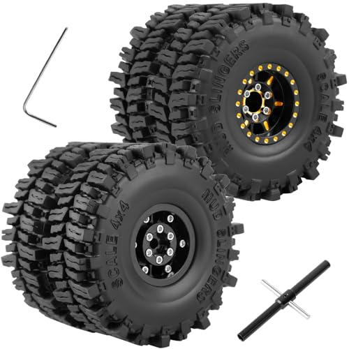 Brass 1.0 Beadlock Wheel and Tires with Adjustable Offset for 1/18 Trx4m,1/24 SCX24 RC Crawler Car,RC Brass 1.0" Dually Beadlock Rims Wheels,RC Truck Tires,4pcs