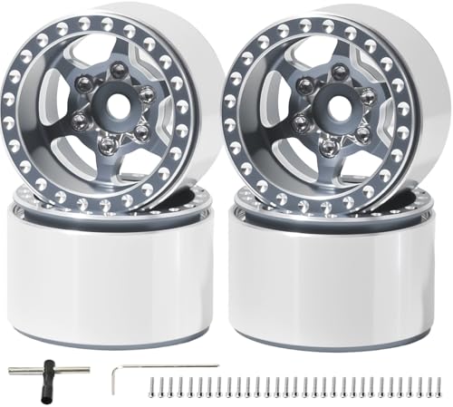 1.0 Aluminum Beadlock Wheels, 3mm Offset, for SCX24 TRX4M, 4PCS | 7mm hex, CNC aluminum rims, -3mm offset for SCX24, FCX24 and AX24; TRX4M requires extended wheel hexes. - color: Titanium