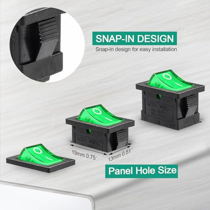 5 Pack Pre-Wired KCD1 On/Off Green LED Boat Rocker Switch | 3-Pin 2-Position Snap In, AC 250V/6A 125V/10A - color: Green, size: AC 250V/6A 125V/10A - Pre-Wired