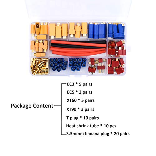 102pcs XT60 / XT90 / EC3 / EC5 / T-Plug Deans /3.5mm Banana Plug Male Female Connectors Adapter with Heat Shrink Tubing for RC ESC Lipo Battery Motor Accessories