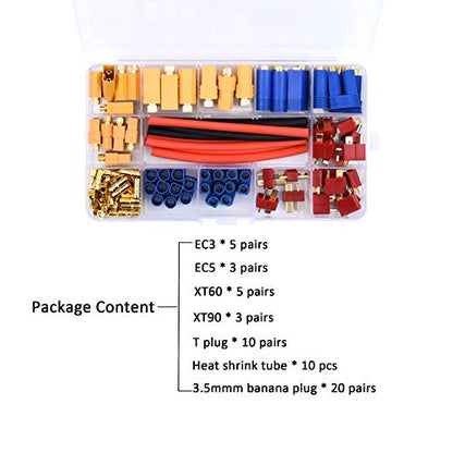 102pcs XT60 / XT90 / EC3 / EC5 / T-Plug Deans /3.5mm Banana Plug Male Female Connectors Adapter with Heat Shrink Tubing for RC ESC Lipo Battery Motor Accessories