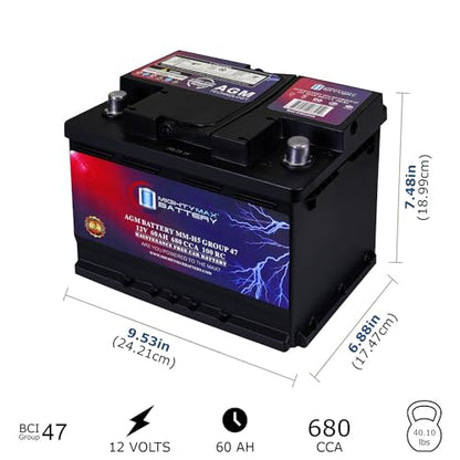 Mighty Max Battery MM-H5 Start and Stop Car BCI Group Size 47 12V 60 AH, 100RC, 680 CCA Rechargeable AGM Car Battery - style: Group 47