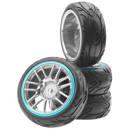 ShareGoo RC OD 2.59" Plastics 12mm Hex Wheels Rims & Rubber Tires Set 14-Spoke Compatible with Traxxas Tamiya Sakura HSP Kyosho WLtoys 1/10 RC On-Road Racing Touring Car (Blue) - color: Blue