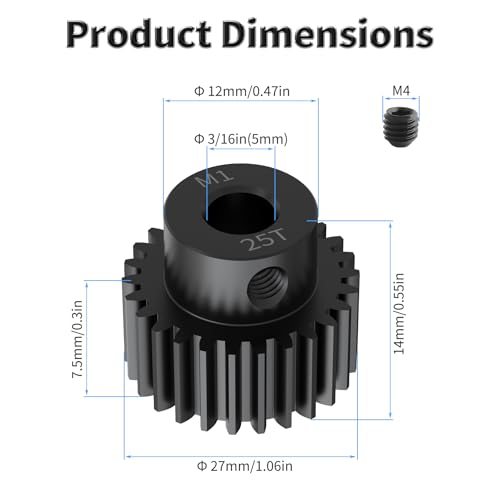 Pinion Motor Gear, M1 25T, 3/16 in (5mm) Shaft Hole | M1 Pitch 25 Teeth, 1045 Hardened Carbon Steel, 3/16 Inch Shaft Hole, RC Motor Pinion Upgrade, for 1/10 RC Brushless Crawler - size: M1 25T