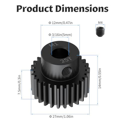 Pinion Motor Gear, M1 25T, 3/16 in (5mm) Shaft Hole | M1 Pitch 25 Teeth, 1045 Hardened Carbon Steel, 3/16 Inch Shaft Hole, RC Motor Pinion Upgrade, for 1/10 RC Brushless Crawler - size: M1 25T