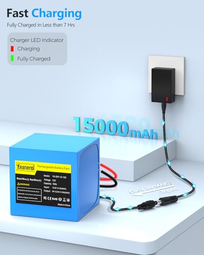 12V 15000mAh Rechargeable Battery Pack with Charger, Replacement Lithium Battery Compatible with 12 Volt Devices RC Car, LED Light Strip, DIY, Boat, Robot, CCTV Camera