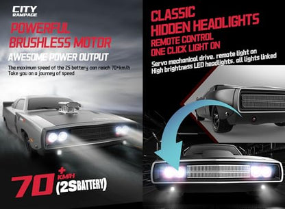 RC Drift Car 1/10 70KM/H Hobby Grade Racing Car Brushless 2.4G Full Proportional Retro Flat On-Road Racing LED Searchlight RC Vehicle 4WD ESC Metal Chassis ESP Gyro Truck for Adult (Silver) - color: Silver