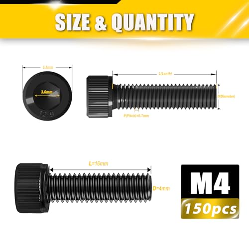 150pcs M4 x 16mm Screws, Hex Socket Head Cap Screws Bolts, 12.9 Grade Alloy Steel, Black Zinc Plated, Allen Socket Drive, Full-Threads, Small Metric Screws - size: M4*16mm 150pcs