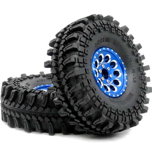 4pcs RC 1.9 Mud-Terrain Tires Mounted on 1.9 Beadlock Wheels Blue, 1.9 XL Tires 4.75" (121mm) and 1.9 Wheels Fit RC Crawler Redcat Gen8 Traxxas TRX-4 RC4WD D90 Tamiay CC01 Axial SCX10 - color: Blue