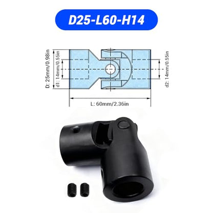 14mm to 14mm Universal Joint Coupling, D25 L60 Carbon Steel Rotatable Steering Shaft U Joint Coupler Motor Connector for DIY Model RC Car Robot - size: D25-L60-H14, style: No Keyway