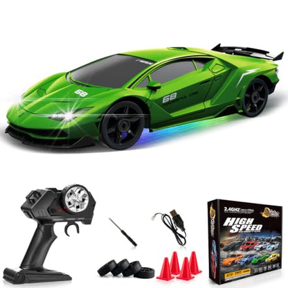 Remote Control Car RC Drift Car 2.4GHz 1:24 4WD 15KM/H High Speed Racing Sport Car with LED Lights Drifting Tire Racing Sport Toy for Adults Boys Girls Kids Gift - color: Green