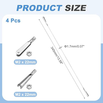 MECCANIXITY 4 Pcs Metal Clip Pushrod Connector Linkage, 304 Stainless Steel M2 Threaded Rod with Metal Clip for RC Plane Fixed Wing Aircraft DIY Models Parts, 345mm/13.58" - size: M2 x 345mm
