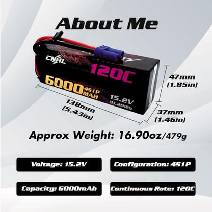 CNHL 6000mAh 4S Lipo Battery 15.2V 120C HV EC5 Hard Case for RC Car | High voltage system delivers instantaneous acceleration and durable impact protection for 1/8 RC racing buggies.