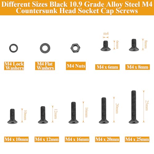 385 Pieces M4 Screws Nuts Washers Set Black, Sutemribor M4 x 6/8/10/12/16/20/25mm Countersunk Head Socket Cap Screws Nuts Washers Assortment Kit, 10.9 Grade Alloy Steel, Fully Threaded - size: M4, style: Countersunk Head Socket Cap