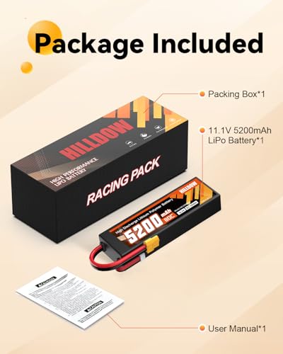 Hilldow 11.1V 5200mAh Lipo Battery 3S 80C Hard Case RC Battery with XT60 Connector for RC Car Truck Boat Airplane Quadcopter Helicopter Racing Hobby - color: 1PCS