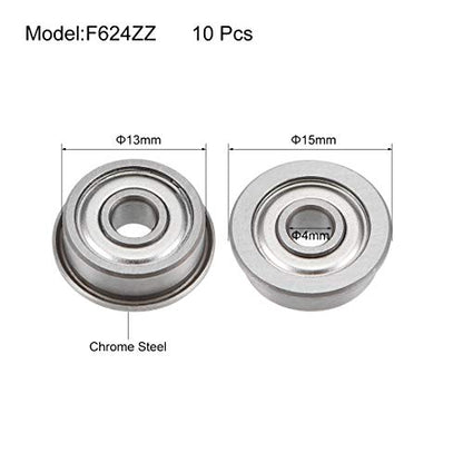 uxcell F624ZZ Flanged Ball Bearing 4mmx13mmx5mm Double Shielded Chrome Steel Deep Groove Bearings 10pcs - size: 4x13x5mm
