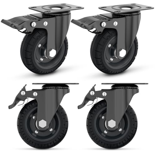 4'' Plate Caster Wheel Swivel with Brake Solid Rubber Iron Rim | Dual Lock, Set of 4, 1000 Lbs Load, Steel Core, Silent Soft Tire, All Terrain, Outdoor, Off Road, for DIY Carts, Workbench