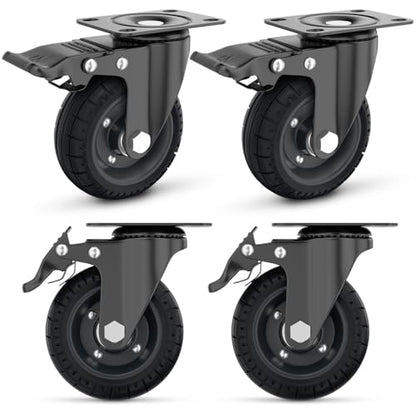 4'' Plate Caster Wheel Swivel with Brake Solid Rubber Iron Rim | Dual Lock, Set of 4, 1000 Lbs Load, Steel Core, Silent Soft Tire, All Terrain, Outdoor, Off Road, for DIY Carts, Workbench