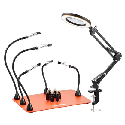 VEVOR Magnetic Helping Hands Soldering Station, 2-In-1 Third Hand Soldering Tool - 3X LED Magnifying Lamp & 5 Flexible Arms, 6 PCB Holders, Heavy-Duty Base Station for Electronic Repair Craft Hobby - style: 11*7in Large Base with Light and Holders
