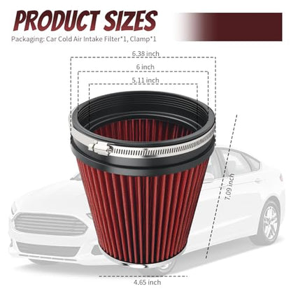 6" ID & 7" Tall Clamp-on Car Cold Air Intake Filter with High Flow,Cone Air Filter for Car Cold Airs Intake System to Improve Engine Efficiency,Washable Performance Colds Airs Filters