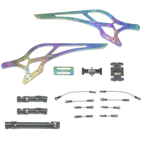 Titanium LCG Chassis Frame Kit with Brass Skid Plate, Steel Driveshaft, Aluminum Links for Axial SCX24 1/24 RC Crawler, Rainbow Titanium Finish
