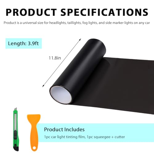 Car Headlight Tint Film, 12×48 Inch Vinyl Vehicle Tail Light Wrap Film Roll with Squeegee & Cutter, Waterproof Vinyl Tinted Sticker for Headlights Fog Lights Tail Lights (Matte Black) - color: Matte Black