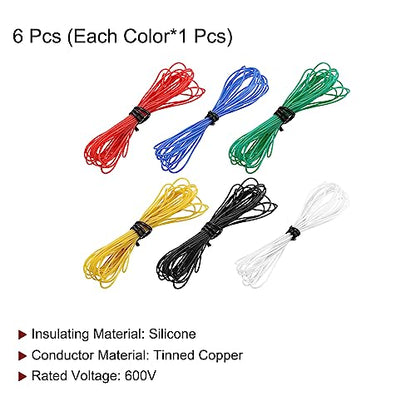 MECCANIXITY 30 Gauge Wire Silicone Wire 30AWG Electrical Wire Stranded Wire Tinned Copper Wire High Temp Hookup Wire 6 Color 3.0m/10ft for Car Model Electric Appliances 6pcs - size: 30AWG, 10ft