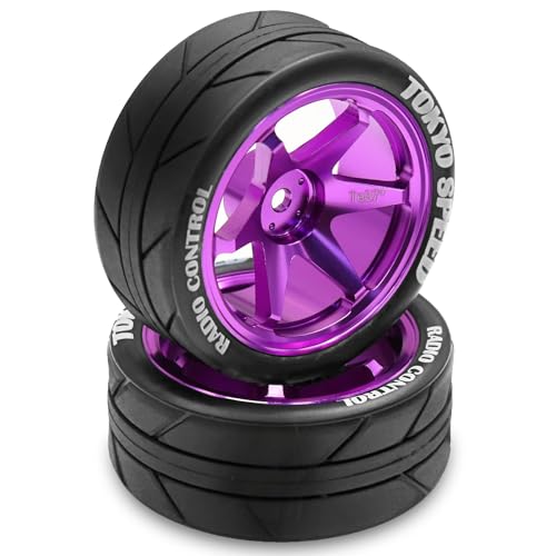1/10 RC On Road Tires OD 65mm and Aluminum Street Wheels 12mm Hex Touring Tyres for 1:10 Rally Racing Drift Car Tamiya TT01 TT02 XV01 HPI KYOSHO HSP PTG2 Traxxas TA06 A959 PTG2 (Purple) - color: Purple