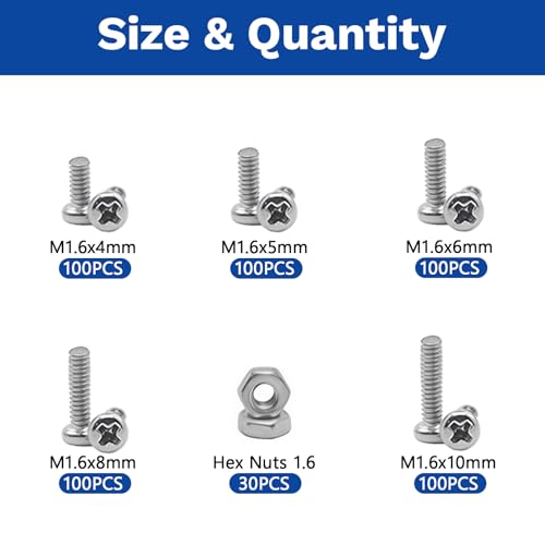 530Pcs M1.6 304 Stainless Steel Metric Micro Screws Nuts Assortment | M1.6x4/5/6/8/10mm Sizes, Phillips Pan Head, Fully Threaded Kit for Arduino, RC Models, Electronics, DIY Projects - size: M1.6x4/5/6/8/10- 530 Pcs