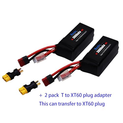 Blomiky 2 Pack 11.1V 3000mAh 33.3Wh 30C Li-Po Rechargeable T Plug Shorty Battery with XT60 Converter and Cable Suitable for Some 1/8 1/10 1/12 1/14 H14BM RC Cars /11.1V 3000mAh T 2