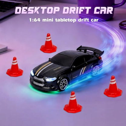 Mini RC Drift Car 1/64, Micro Remote Control Car with Led Lighting | 2.4ghz stunt pocket desktop drift cars with 4 obstacles & joystick control, adjustable dual speed modes - color: 1 Pc Black