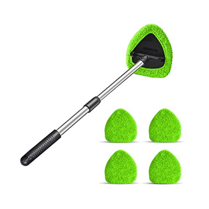 Moly Magnolia Windshield Cleaner Tool, 4 Pads, 19.29 Inch Reach, Green | For sedans, SUVs, trucks, washable microfiber covers, 180° swivel head, aluminum shaft, PP grip, car interior accessories - color: Green