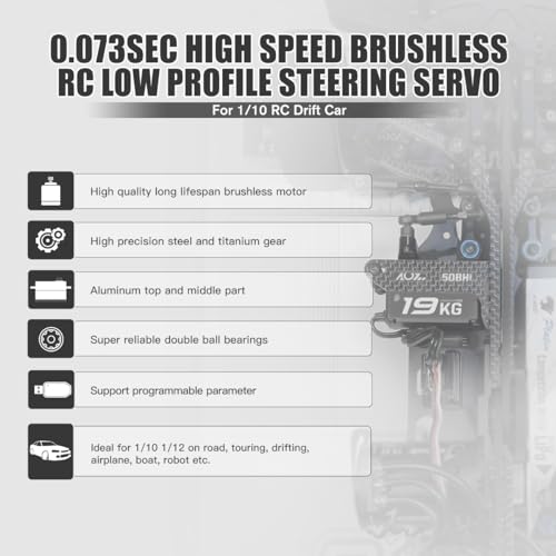 AGFRC 19KG 0.073Sec Low-Profile Servo for 1/10 RC Drift Car (A50BHL) | Brushless Motor, Full Metal Gear, 8.4V HV, 25T Metal Horn, Programmable, High Speed Servo for Crawler/Touring Car