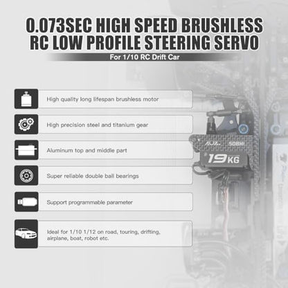 AGFRC 19KG 0.073Sec Low-Profile Servo for 1/10 RC Drift Car (A50BHL) | Brushless Motor, Full Metal Gear, 8.4V HV, 25T Metal Horn, Programmable, High Speed Servo for Crawler/Touring Car