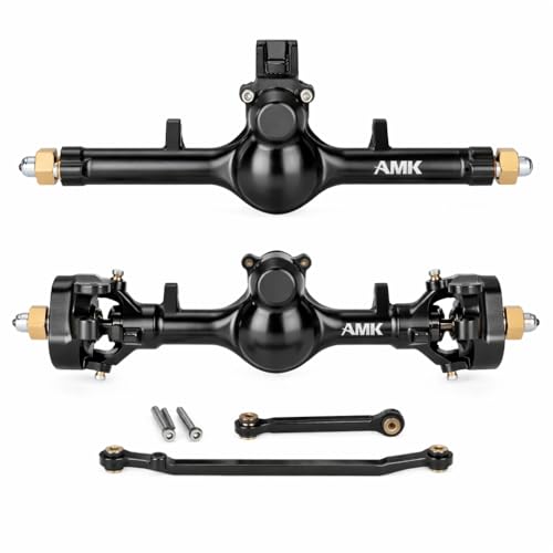 AMK SCX24 Axles +8mm Wide CNC Aluminum Front & Rear Axle Set with Brass Steering Knuckles, 3-Section CVD Drive Shafts (52° Max Steering Angle) for Axial SCX24 1/24 RC Crawler Upgrade Parts