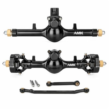 AMK SCX24 Axles +8mm Wide CNC Aluminum Front & Rear Axle Set with Brass Steering Knuckles, 3-Section CVD Drive Shafts (52° Max Steering Angle) for Axial SCX24 1/24 RC Crawler Upgrade Parts