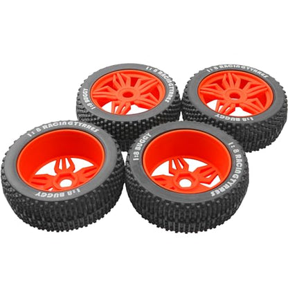 ShareGoo OD 4.52" 1/8 RC Buggy Rubber Tires Tyre w/ 5 Spoke Plastic Rim 17mm Hex Compatible with Arrma Kyosho Exceed RC Traxxas Redcat HSP HPI 1/8 Scale Off Road Car Buggy (Red) - color: Red