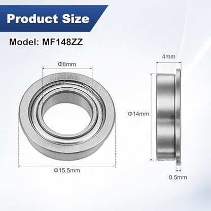 M METERXITY 20-Pack MF148ZZ Flanged Ball Bearing, 8mm x 14mm x 4mm Double Metal Shielded Z1 Chrome (GCr15) Steel Flange Rip Bearings for Wheelbarrow/Printer/Fax Machines/Power Tools - size: 8mm x 14mm x 4mm