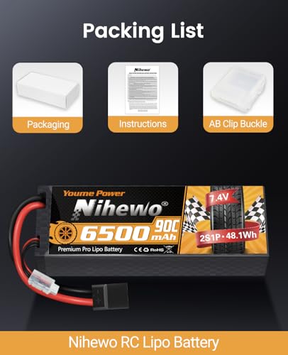 2S Lipo Battery 6500mAh 7.4V RC Battery 90C Hard Case with Tr + EC5 Plug Compatible with RC Car Truck Vehicles Truggy Buggy Boat Airplane Models (2 Packs)