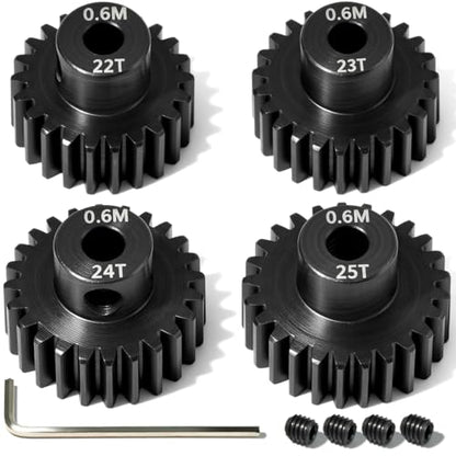 4Pcs 0.6M Hardened Steel Pinion Gear Set 3.175mm 22T 23T 24T 25T Motor Pinion Gear with M4 Screw and Hex Key, Fit 3.175mm (1/8-Inch) Shaft, for Arrma HPI Kyosho Losi Axial Traxxas Tamiya 1/10 RC Car - size: 0.6M-P-3.175mm-22-25T