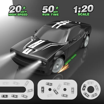 Remote Control Car 4WD RC Drift Car 2.4GHz 1:20 Scale 20KM/H High Speed Racing Car with 2 Rechargeable Batteries, LED Lights, 50 Min Play Time RC Cars Toys Gifts for Boys Girls Kids Adults -Black - color: Black
