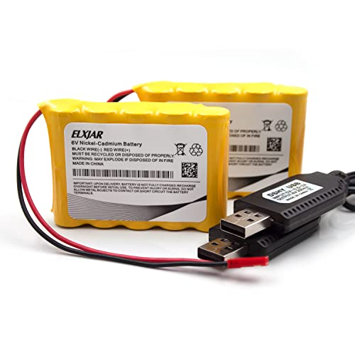 (2-Pack) 6V 800mAh Ni-Cd Battery for Huina 540, 520, 510 RC Vehicles | AA battery packs with red JST plug; includes 2 USB charging cables for compatible RC construction vehicles.