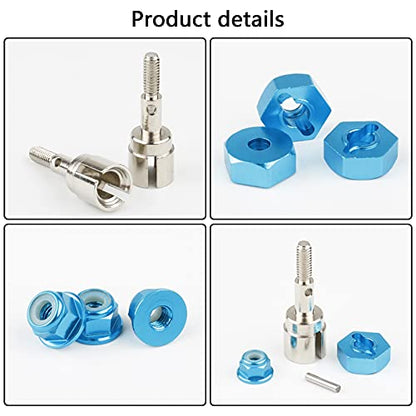 4 Sets 12mm Wheel Hex Adapters & Stainless Steel Axles for HSP 1/10 RC Car - Replacement Parts with M4 Lock Nuts & Washers, RC Car Repair Kit for 94107 94108 94111 94123 - color: Blue